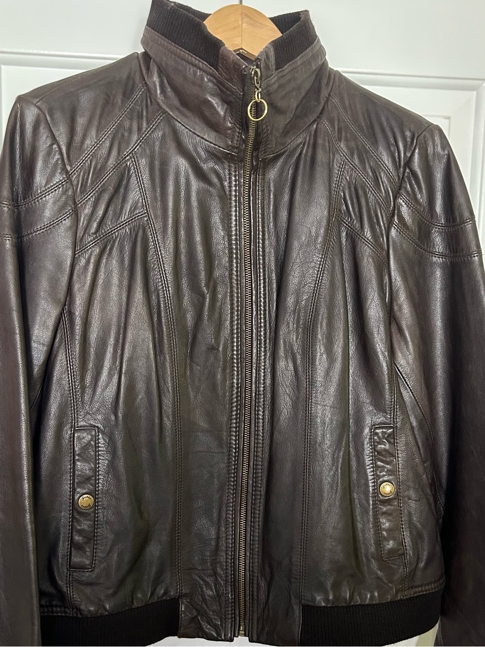 GUESS Women's distressed Brown Leather Bomber Jacket